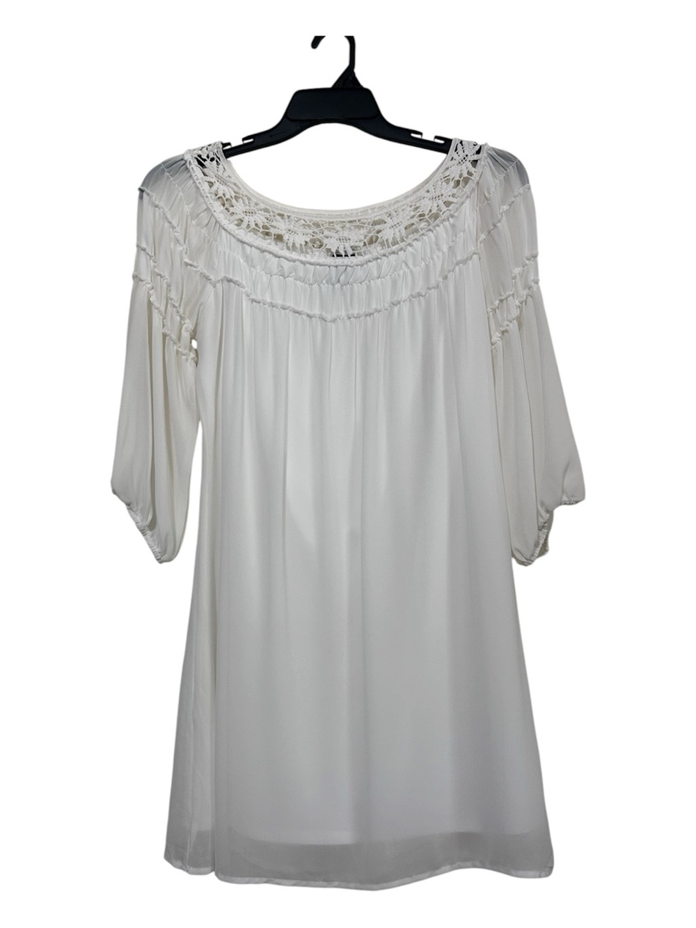 Boho White Crochet Yoke Tunic Midi Dress Size Medium Smocked Sleeves Lined